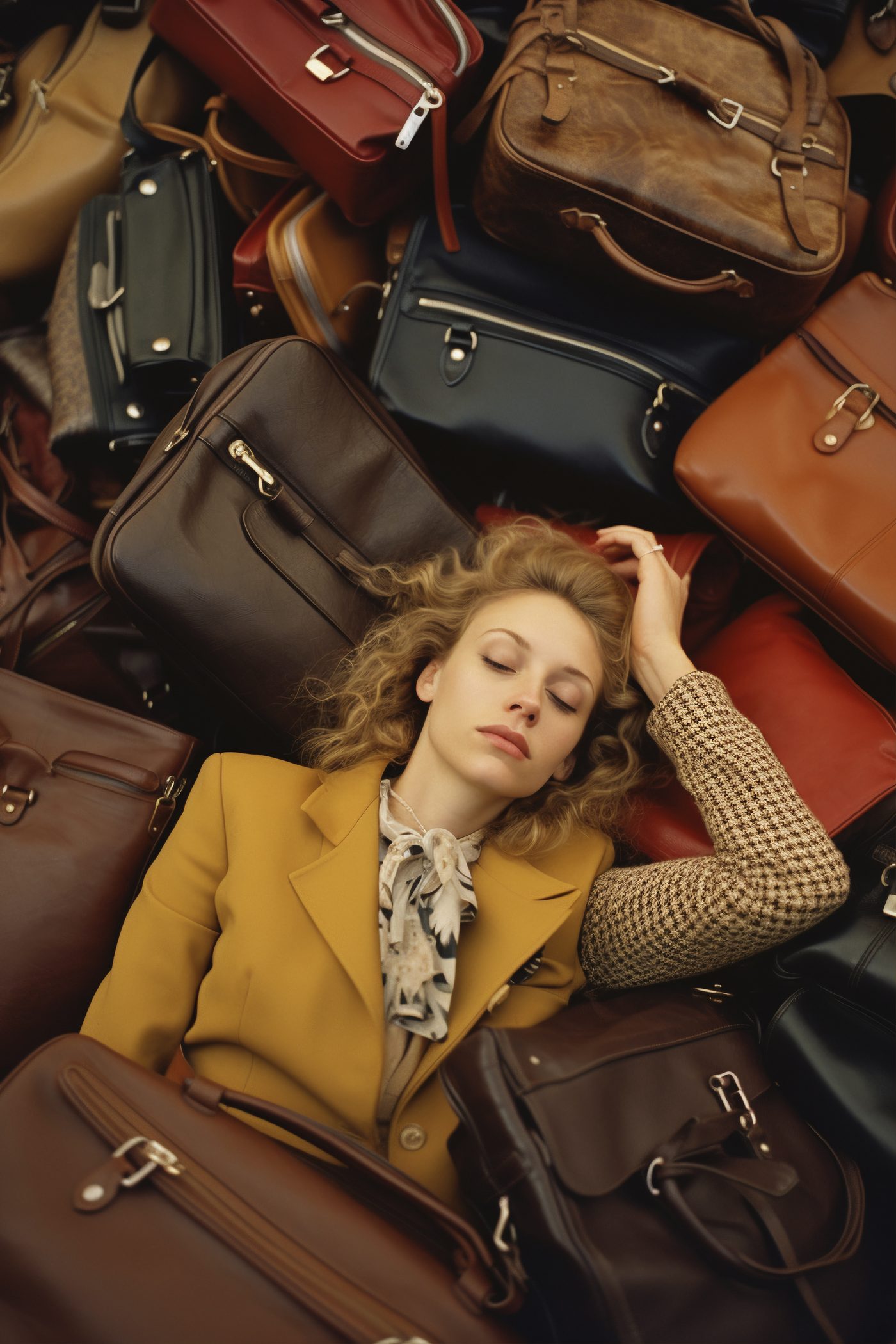 Handbags stacked in a showroom